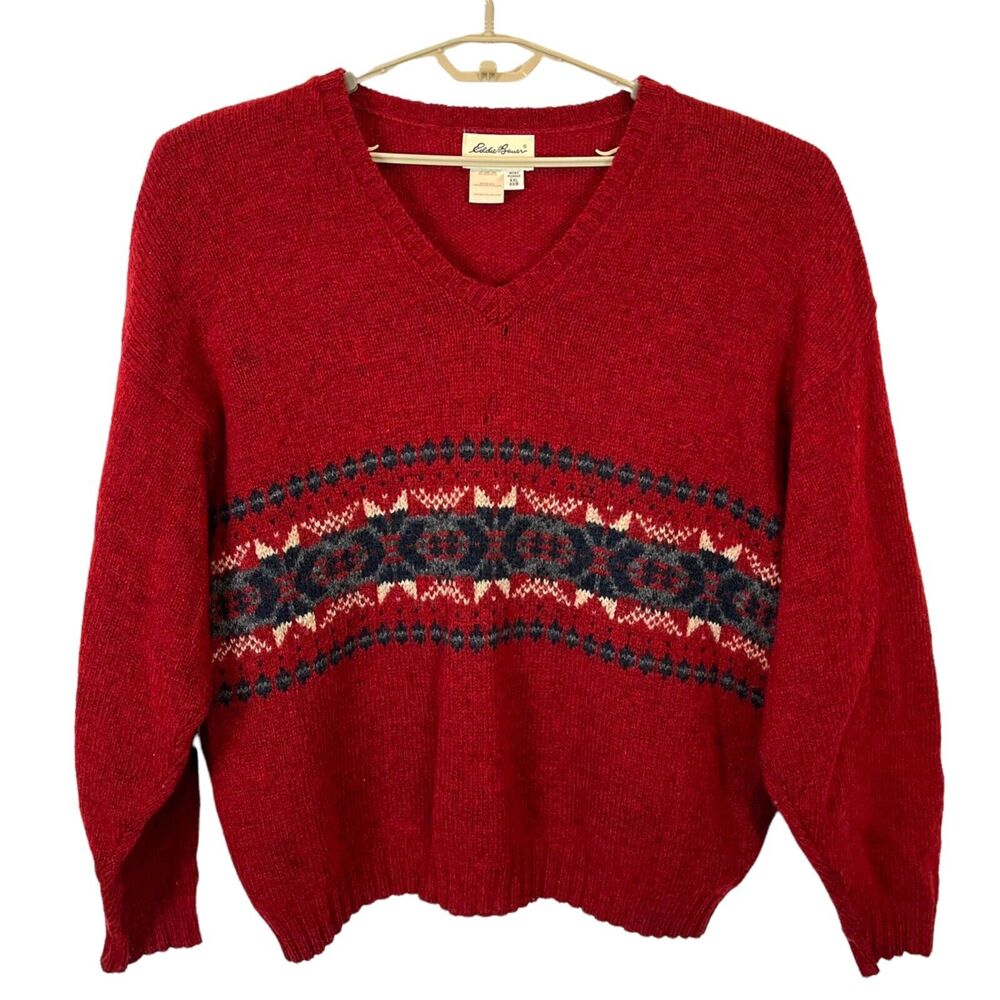 Eddie Bauer  V-Neck Sweater Mens XXL Fair Isle Wool Blend USA Made Vintage 90s